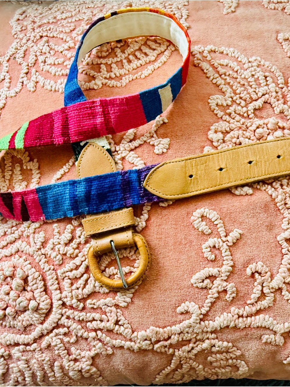 Vintage Guatemalan Textile Woven belt. Leather trim M Boho Folk Art